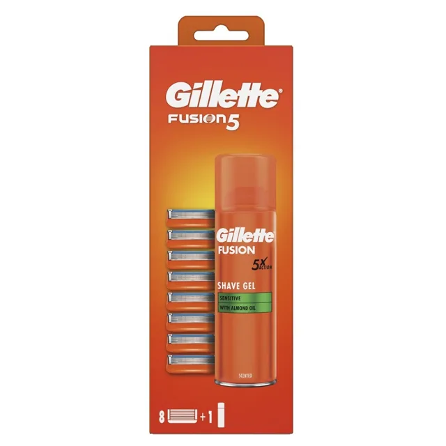 GILLETTE Fusion5 Náhradní hlavice 8 ks + Fusion Gel na holení 200 ml