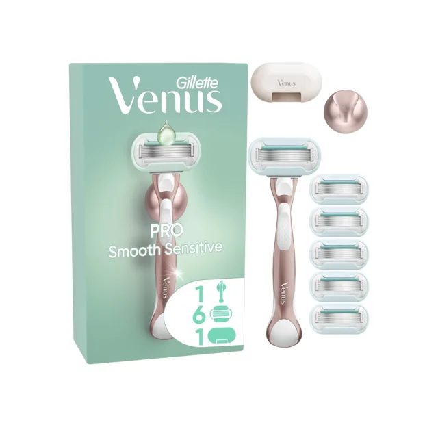 Gillette Venus Pro Smooth Sensitive holicí strojek + 6 holicích hlavic, kryt na žiletku a držáček 6 ks
