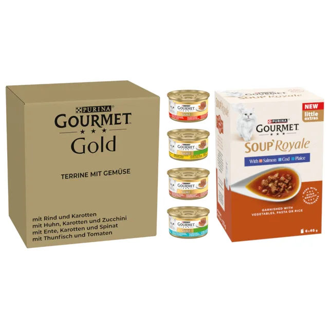 Gourmet, 96 x 85 g +  Gourmet Soup Royale rybí výběr 48 x 45 g zdarma - Gold Terrine konzervy 96 x 85 g kuře a cuketa, hovězí a mrkev, kachna, mrkev a špenát, hovězí a mrkev, tuňák a rajčata + Soup Royale rybí výběr 48 x 45 g
