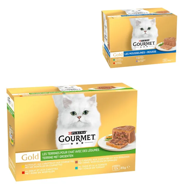 Gourmet Gold 96 x 85 g + 24 x 85 g Gourmet Mousse masový mix zdarma - se zeleninou 96 x 85 g + masový mix (králičí, telecí, hovězí, jehněčí) 24 x 85 g