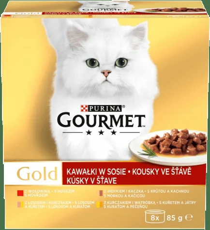 Gourmet Gold Multipack hovězí/krůta s kachnou/losos s kuřetem/kuře s játry ve šťávě 8x85g