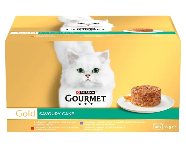 GOURMET Gold Savoury Cake 48x85g s kuřetem, hovězím, jehněčím a krůtím, mokré krmivo pro kočky