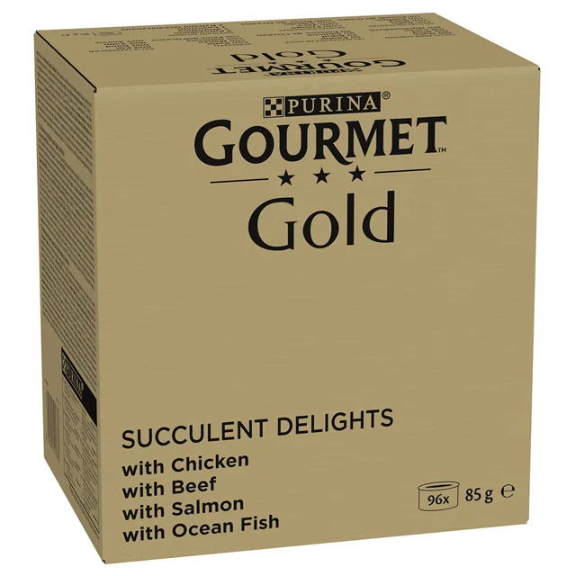 Gourmet Gold Succulents Delight konzervy Jumbo Pack 96 x 85 g - kuře, mořská ryba, hovězí, losos