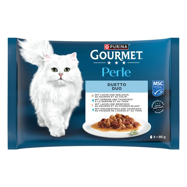 Gourmet Perle kapsičky 4 x 85 g - losos a treska, sardinky a tuňák, losos a ryby, mořské ryby a tuňák