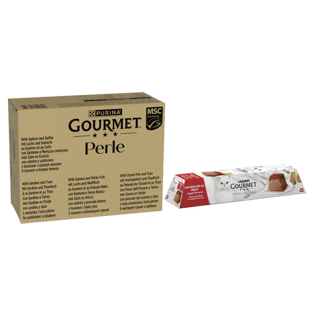 Gourmet Perle kapsičky 96 x 85 g + 12 x 57 g  Revelations Mousse zdarma -  Perle kapsičky 96 x 85 g losos a ryby, sardinky a tuňák, losos a treska, mořské ryby a tuňák + Revelations Mousse hovězí 12 x 57 g