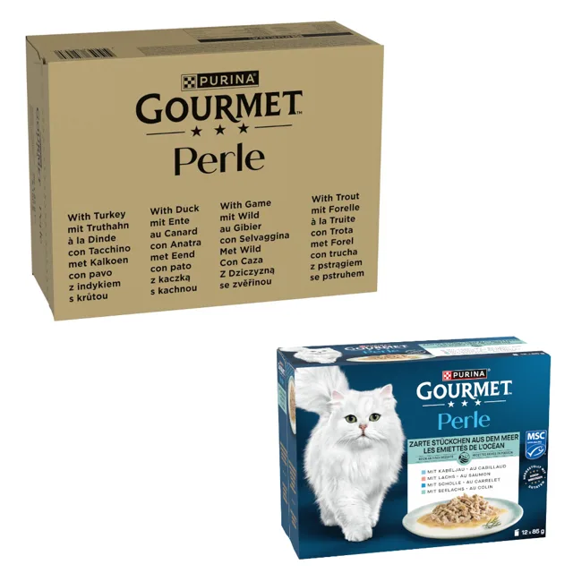 Gourmet Perle kapsičky 96 x 85 g + 12 x 85 g zdarma - Megapack  hovězí, kuře, losos, tuňák 96 x 85 g + Perle kapsičky  jemné kousky z moře v omáčce (4 druhy) 12 x 85 g