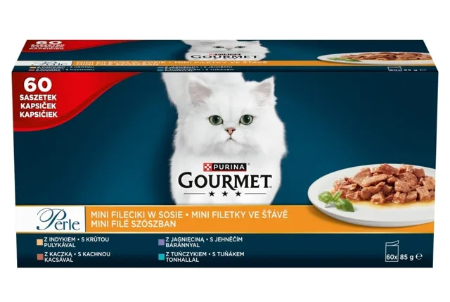 GOURMET Perle Mini filety v omáčce 60x85g krůta, kachna, jehněčí a tuňák, mokré krmivo pro kočky