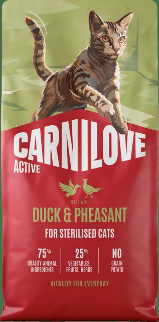Granule CARNILOVE Active pro sterilizované kočky kachna a bažant 6 kg