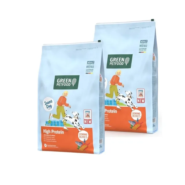 GREEN PETFOOD InsectDog s lososem a vysokým obsahem bílkovin 2x7,5 kg s hmyzím proteinem a lososem pro aktivní psy