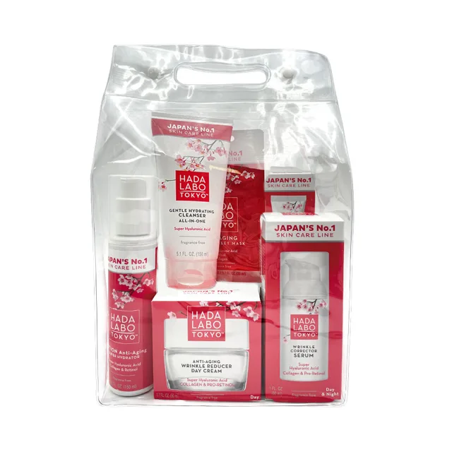 HADA LABO TOKYO RED – sada 5+1 (čisticí gel, anti-aging lotion, sérum, oční krém, denní krém) + plátýnková maska ZDARMA