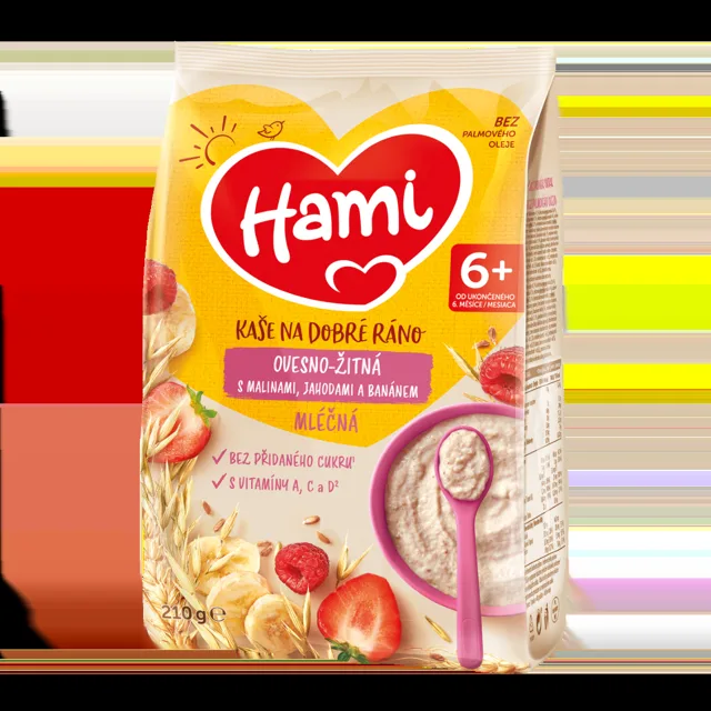 Hami Mléčná kaše na dobré ráno ovesno-žitná s banánem, jahodami a malinami 210 g