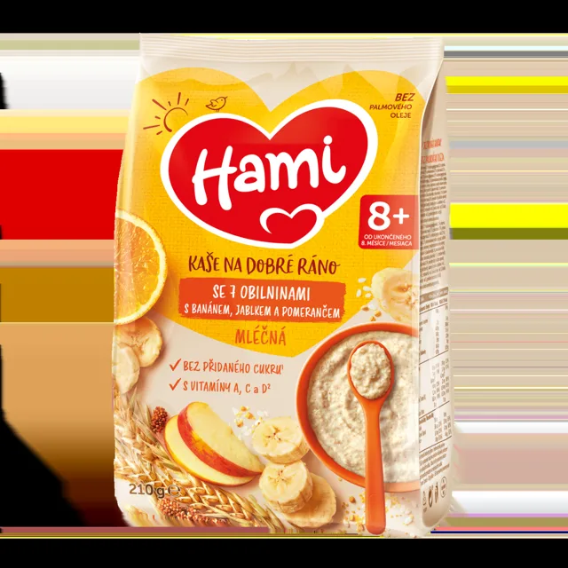 Hami Mléčná kaše na dobré ráno se 7 obilninami, jablkem, banánem a pomerančem 210 g