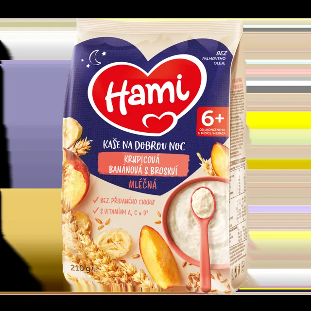 Hami Mléčná kaše na dobrou noc krupicová banánová s broskví 210 g