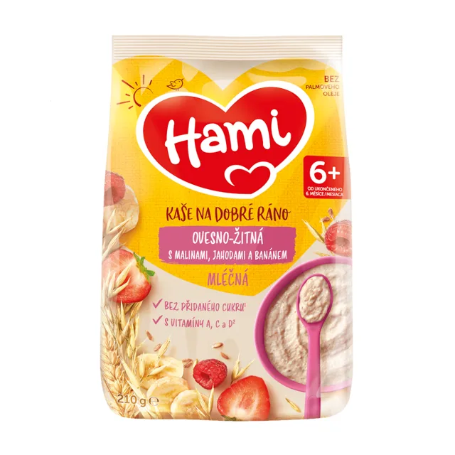 HAMI Mléčná kaše ovesno-žitná s malinami, jahodami a banánem na Dobré ráno 6m+  210 g