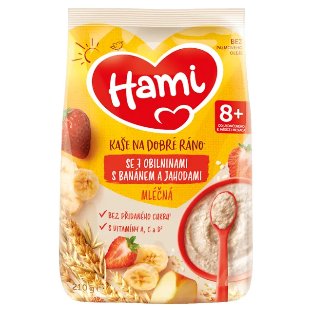 HAMI Mléčná kaše se 7 obilninami s banánem a jahodami na Dobré ráno 8m+  210 g