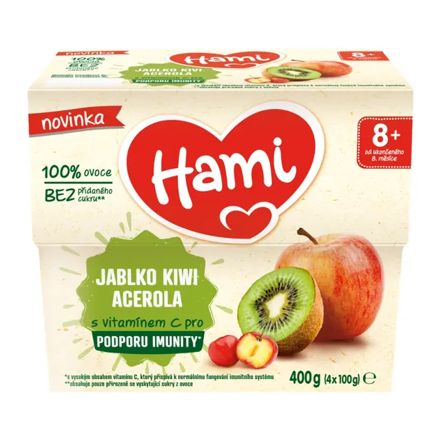 Hami Ovocný příkrm 100% ovoce jablko, kiwi, acerola 400 g