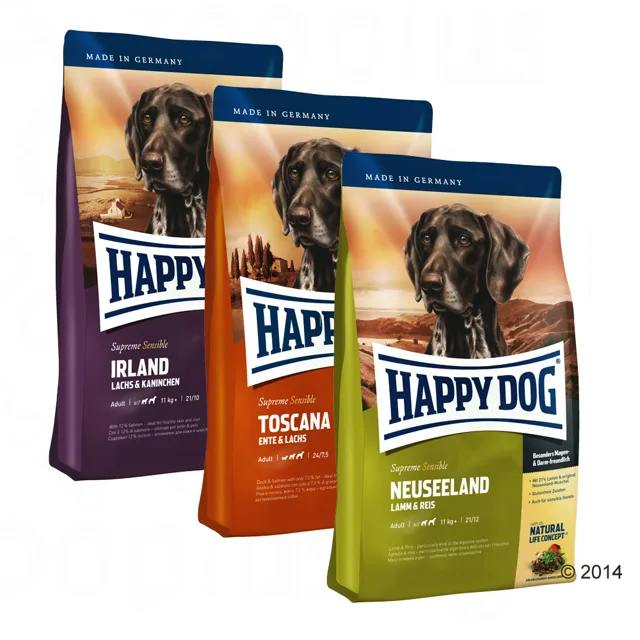 Happy Dog Supreme "kulinářská cesta kolem světa", 3 x 4 kg - Toscana, Neuseeland, Irland