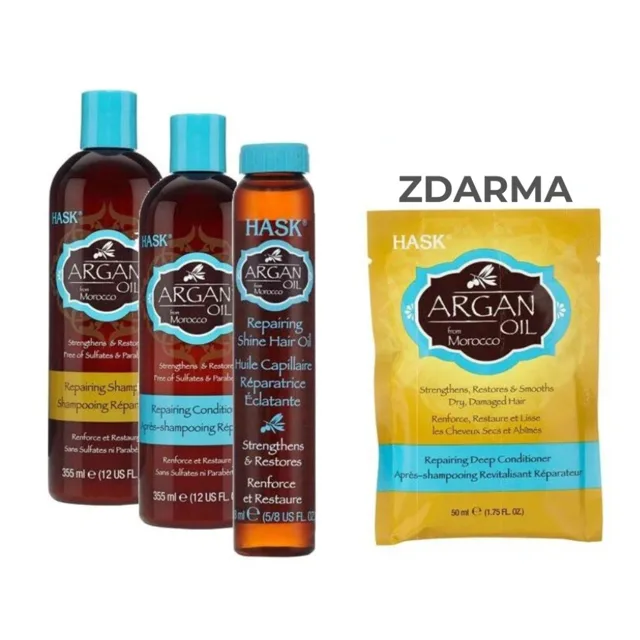Hask sada pro poškozené vlasy Argan Oil šampon 355 ml, kondicionér 355 ml, suchý olej na vlasy 18 ml, ZDARMA maska na vlasy 50 ml