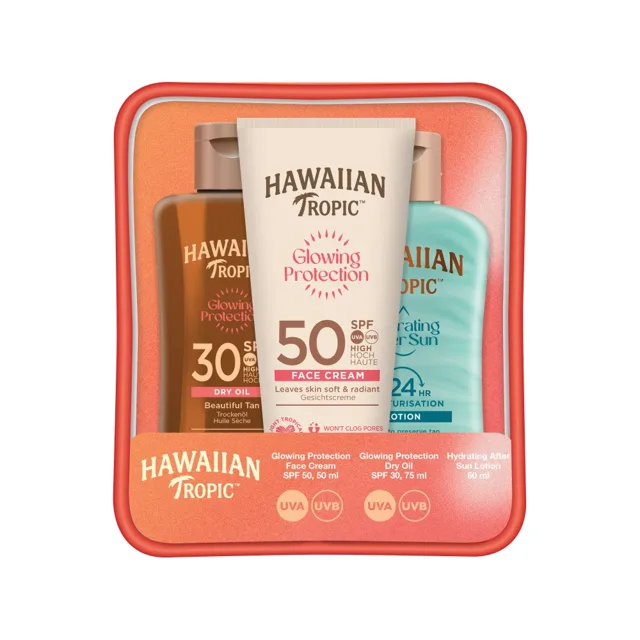 Hawaiian Tropic Glowing Protection Face Cream SPF 50 + Dry oil SPF 30 + After sun lotion cestovní set na opalování 3 ks 50 + 75 + 60 ml