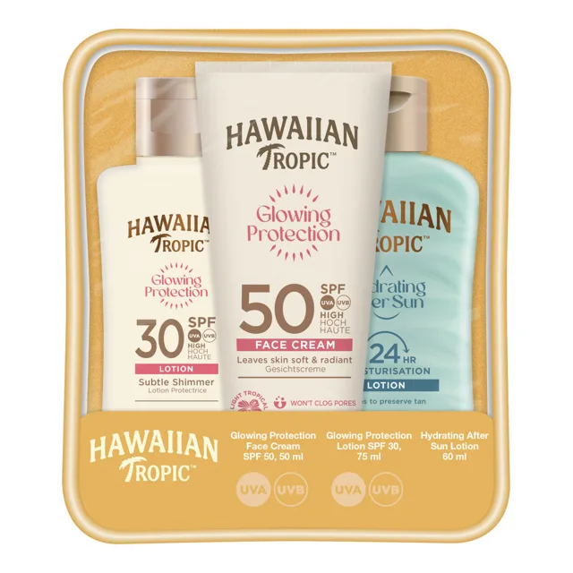 Hawaiian Tropic Glowing Protection Face Cream SPF 50 + Lotion SPF 30 + After sun lotion cestovní set na opalování 3 ks 50 + 75 + 60 ml