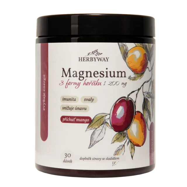 Herbyway Magnesium 3 formy hořčíku 1 200 mg,  příchuť mango