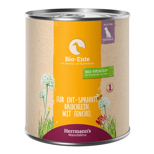 Herrmann's Menu Bio-Sensitive 12 × 800 g - výhodné balení - Bio kachna s bio fenyklem a bio pohankou