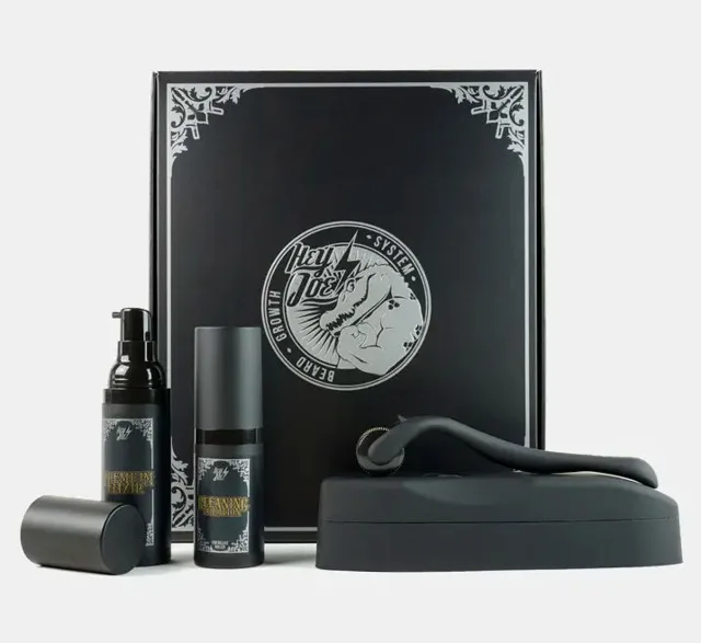 Hey Joe Beard Growth elixír na růst vousů 30 ml + cleaning solution 15 ml + beard roller + Dessata Gold kartáč na vousy sada na růst vousů