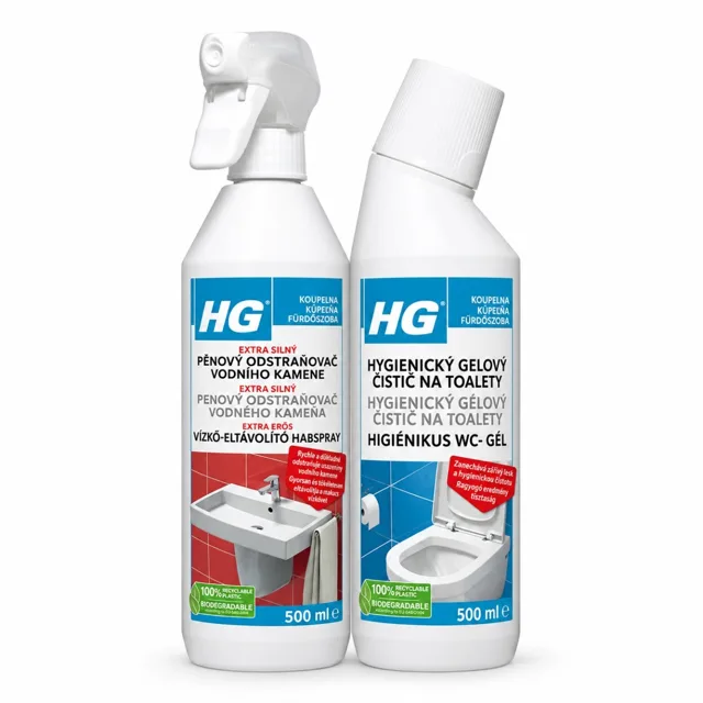 HG Pěnový čistič vodního kamene + gelový čistič na toalety 2x500 ml
