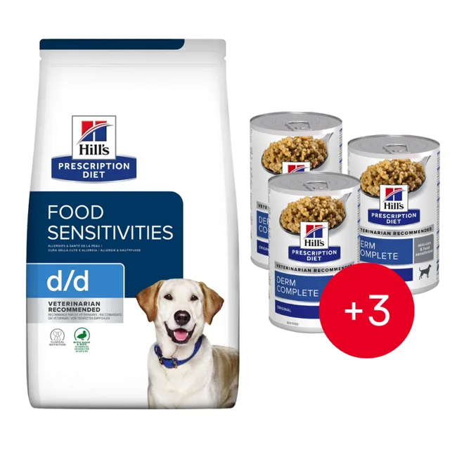HILL'S Prescription Diet Canine d/d Food Sensitivites Duck &amp; Rice 12 kg + 3 konzervy ZDARMA