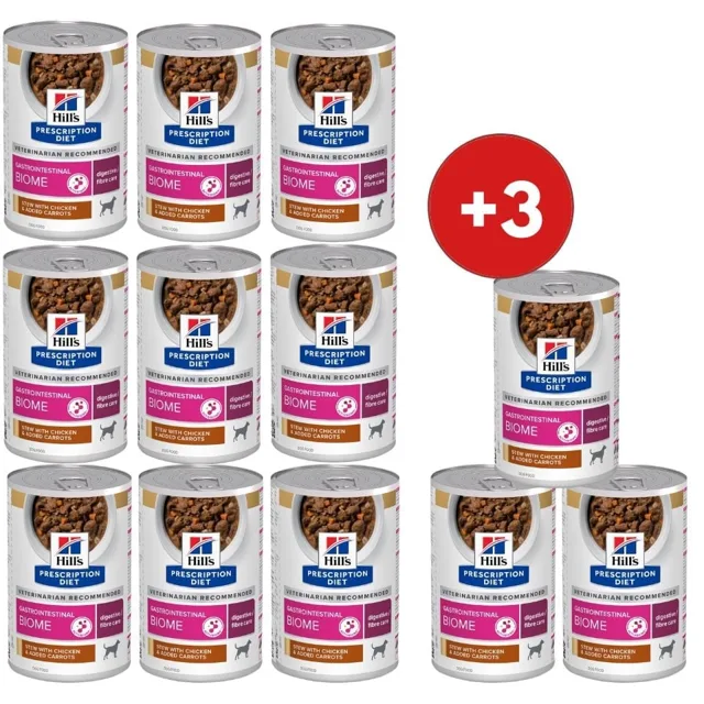 HILL'S Prescription Diet Canine Gastrointestinal Biome Digestive Care Dušené krmivo s kuřecím masem a mrkví 9x354 g + 3 konzervy ZDARMA!