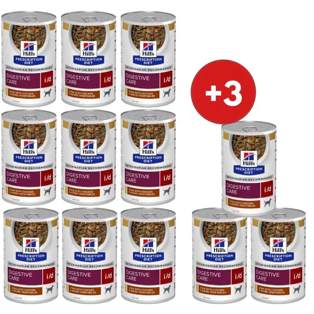 HILL'S Prescription Diet Canine i/d Digestive Care Dušené krmivo s kuřecím masem a zeleninou 9x354 g + 3 konzervy ZDARMA!