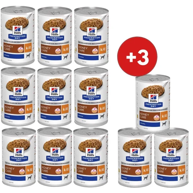 HILL'S Prescription Diet Canine k/d Kidney Care 9x350g mokré krmivo pro psy podporující funkci ledvin + 3 konzervy ZDARMA!