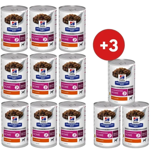HILL'S Prescription Diet Gastrointestinal Biome 9x370g mokrá krmiva pro psy s kuřecím masem + 3 konzervy ZDARMA!