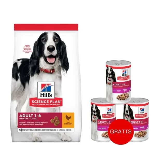 HILL'S Science Plan Adult Medium breed krmivo s kuřecím masem 14 kg + 3 konzervy ZDARMA