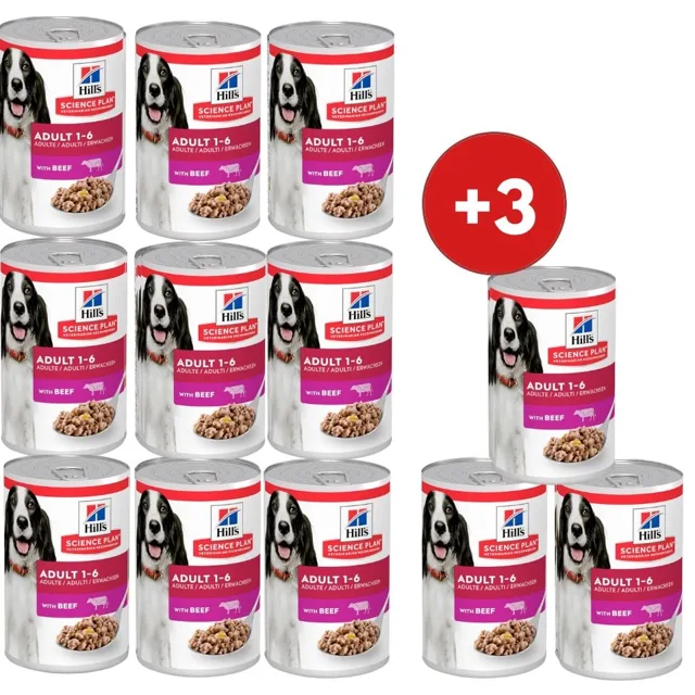 HILL'S Science Plan Canine Adult Beef 9x370 g pro dospělé psy s hovězím masem + 3 konzervy ZDARMA!
