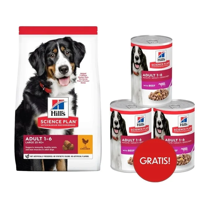 HILL'S Science Plan Canine Adult Large breed Chicken 18 kg Krmivo pro velké psy s kuřecím masem + 3 konzervy HILL's ZDARMA
