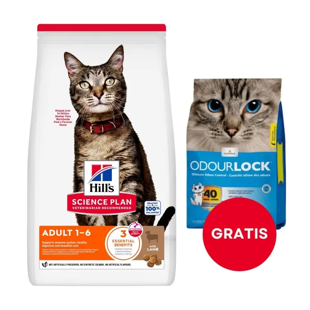 HILL'S Science Plan Feline Adult s jehněčím 10 kg pro dospělé kočky s jehněčím + 6 kg steliva pro kočky ZDARMA