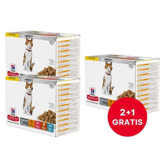 HILL'S Science Plan Feline Young Adult Sterilised Cat Multipack s kuřecím, s pstruhem, s tuňákem, s lososem 12x85 g (2+1 ZDARMA)