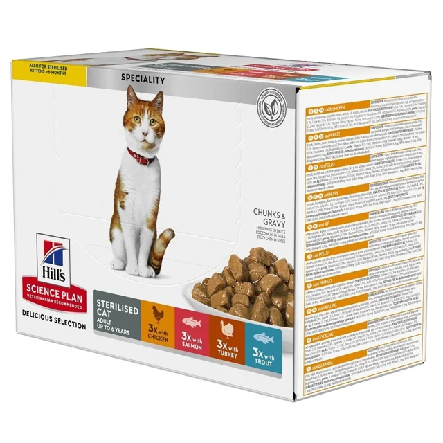 HILL'S Science Plan Feline Young Adult Sterilised Cat Multipack s kuřecím, s pstruhem, s tuňákem, s lososem 12x85 g