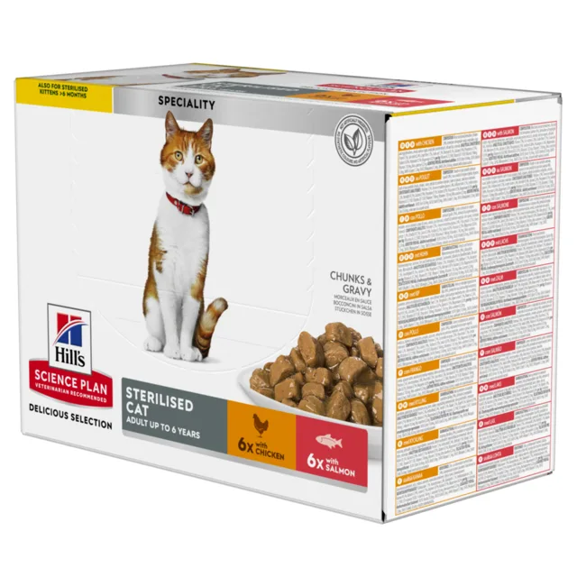 Hill's Science Plan Sterilised Cat Adult 1-6 Chicken - doplňkové vlhké krmivo: 12 x 85 g Young Adult Sterilised kuře a losos