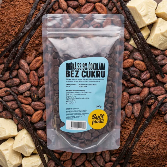 Hořká 53,9% čokoláda bez cukru váha 200g