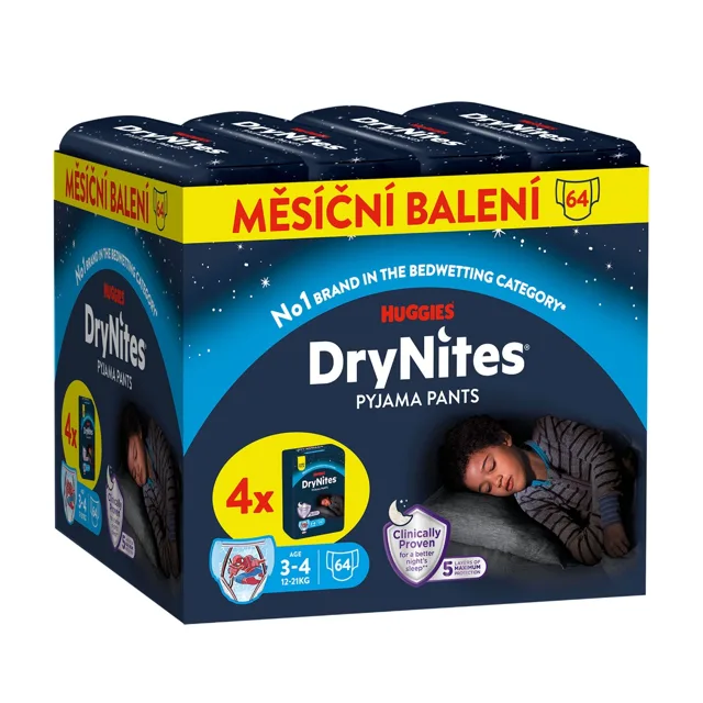 HUGGIES DryNites Natahovací kalhotky pro chlapce 3–4 roky 12–21 kg JUMBO 4x16 ks