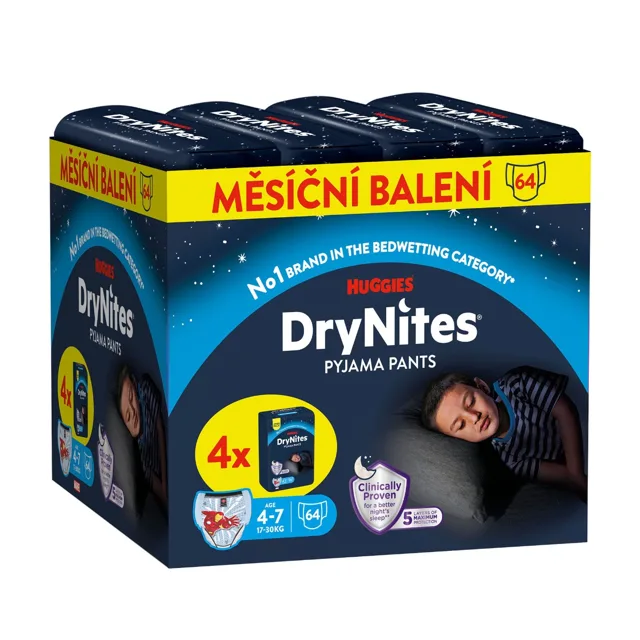 HUGGIES DryNites Natahovací kalhotky pro chlapce 4–7 let 17–30 kg JUMBO 4x16 ks