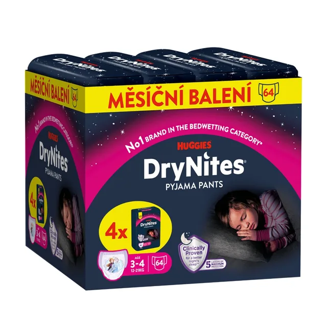 HUGGIES DryNites Natahovací kalhotky pro dívky 3–4 roky 12–21 kg JUMBO 4x16 ks