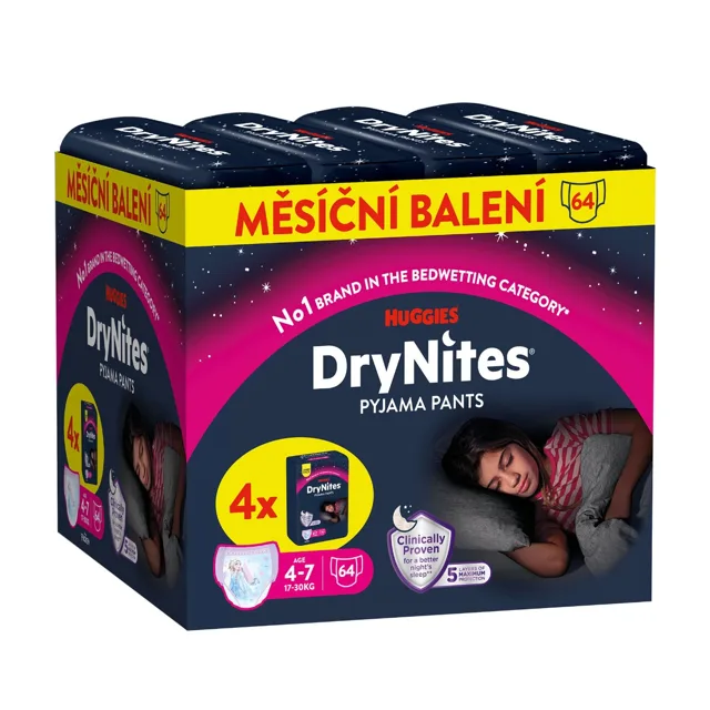 HUGGIES DryNites Natahovací kalhotky pro dívky 4–7 let 17–30 kg JUMBO 4x16 ks