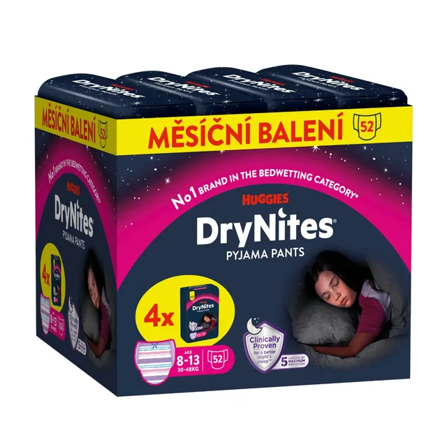 HUGGIES DryNites Natahovací kalhotky pro dívky 8–13 let 30–48 kg JUMBO 4x13 ks