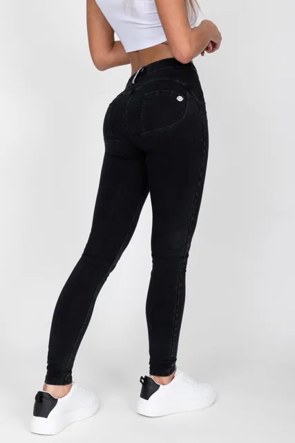 Hugz Jeans - Black - Denim - Mid Waist - Black stitch, S, černá