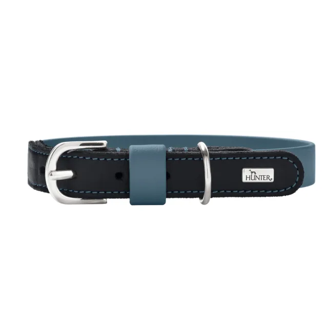 HUNTER obojek Wolmar BioThane® x kůže, kouřově modrá/černá - velikost M: délka 55 cm, šířka 24 mm