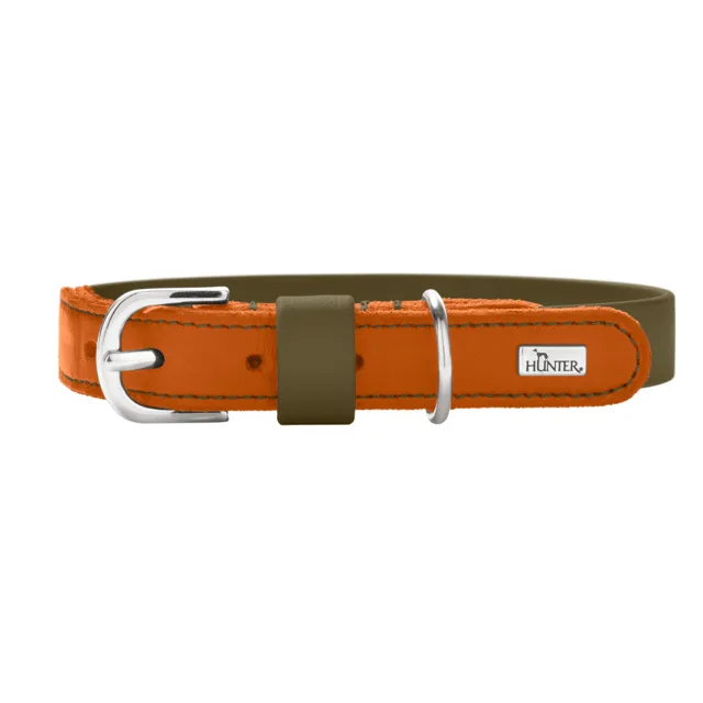 HUNTER obojek Wolmar BioThane® z kůže, khaki/oranžová barva - velikost S: délka 45 cm, šířka 19 mm