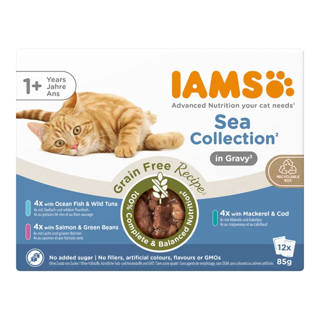 IAMS Advanced Nutrition Grain Free Collection in Sauce, 12 x 85 g - 9 + 3 zdarma - Grain Free Sea Collection in Sauce